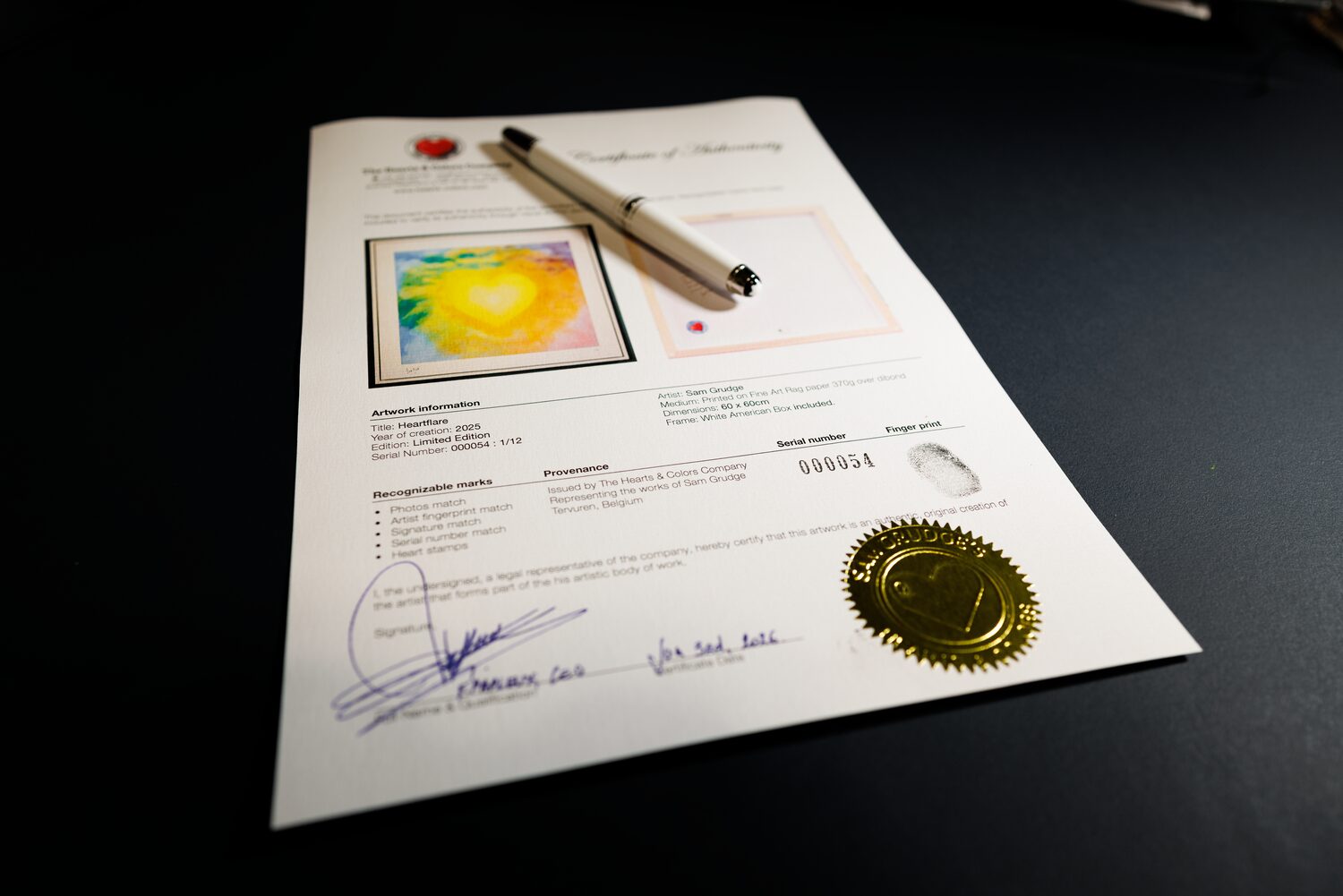 Heartflare Limited Edition Print certificate with signature, serial number and fingerprint