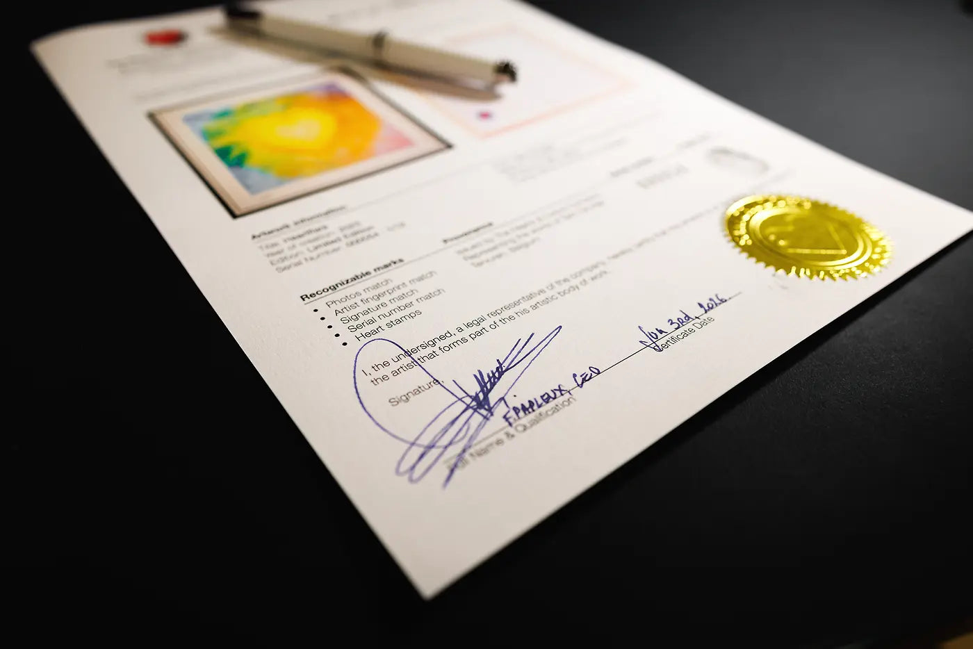Studio certificate with handwritten signature and fingerprint