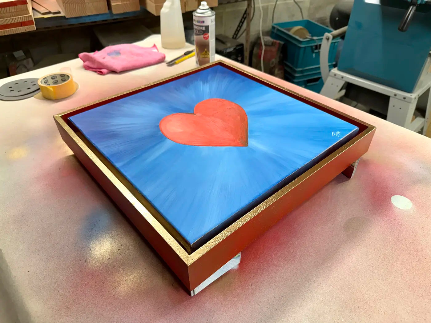 Handcrafted wooden frame detail in Sam Grudge's workshop